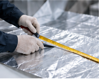 Gloved hands measuring reflective liner material
