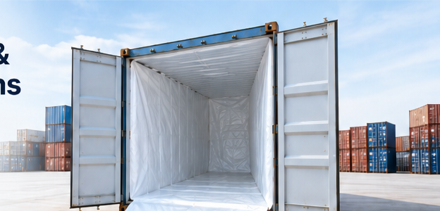 Open shipping container fitted with a white protective liner