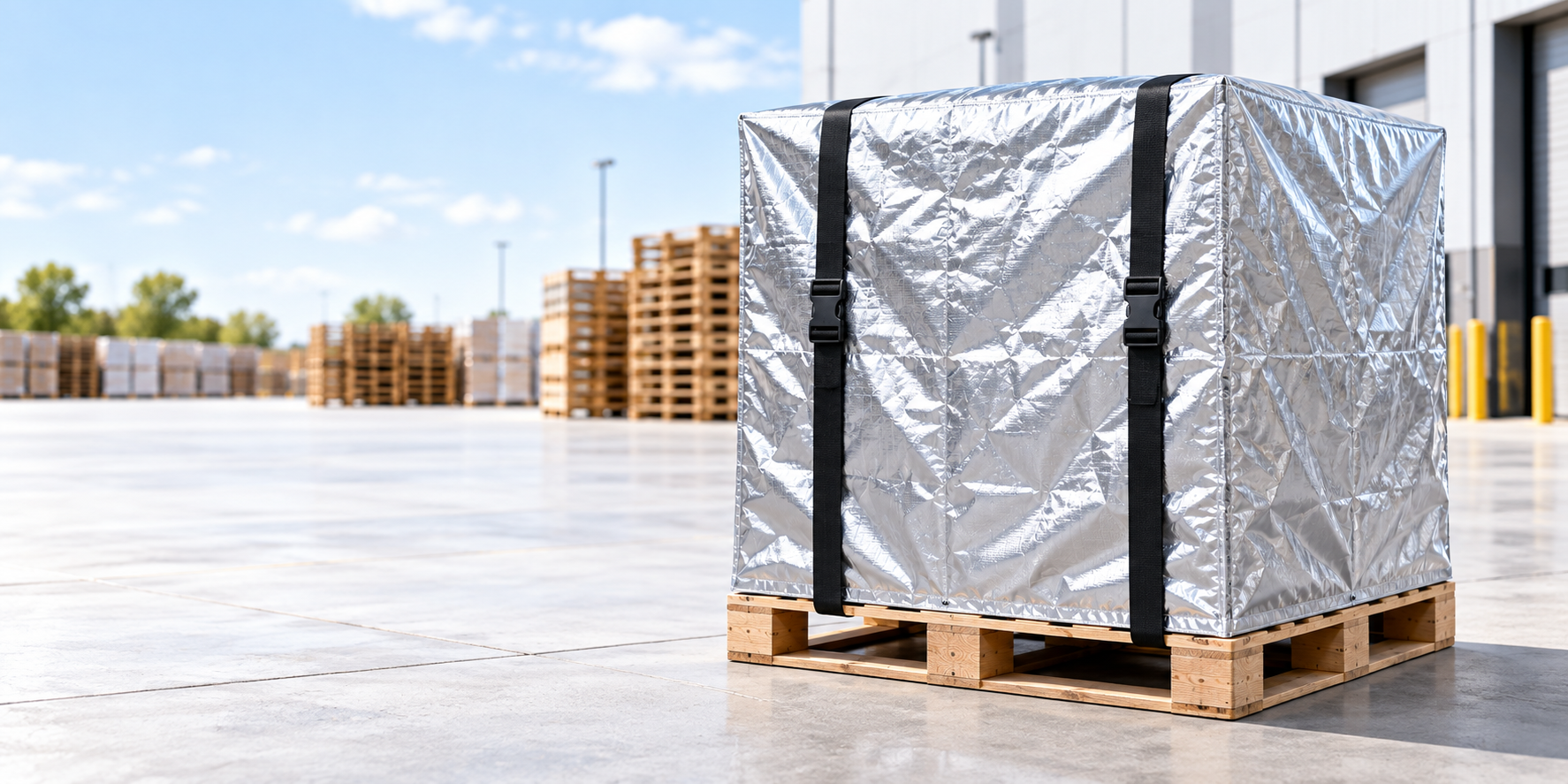 Silver insulated cover fitted over palletized cargo