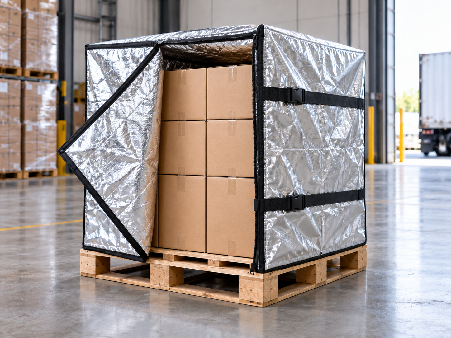 Reusable silver insulated pallet cover opened to show palletized cartons