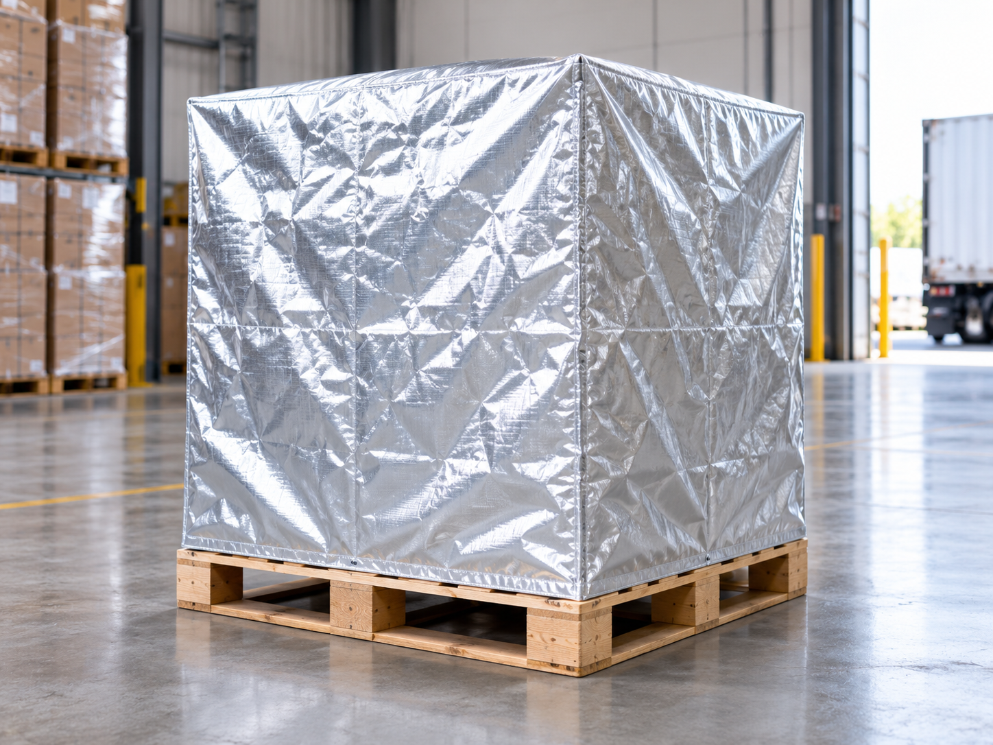 Silver insulated pallet cover protecting palletized cargo