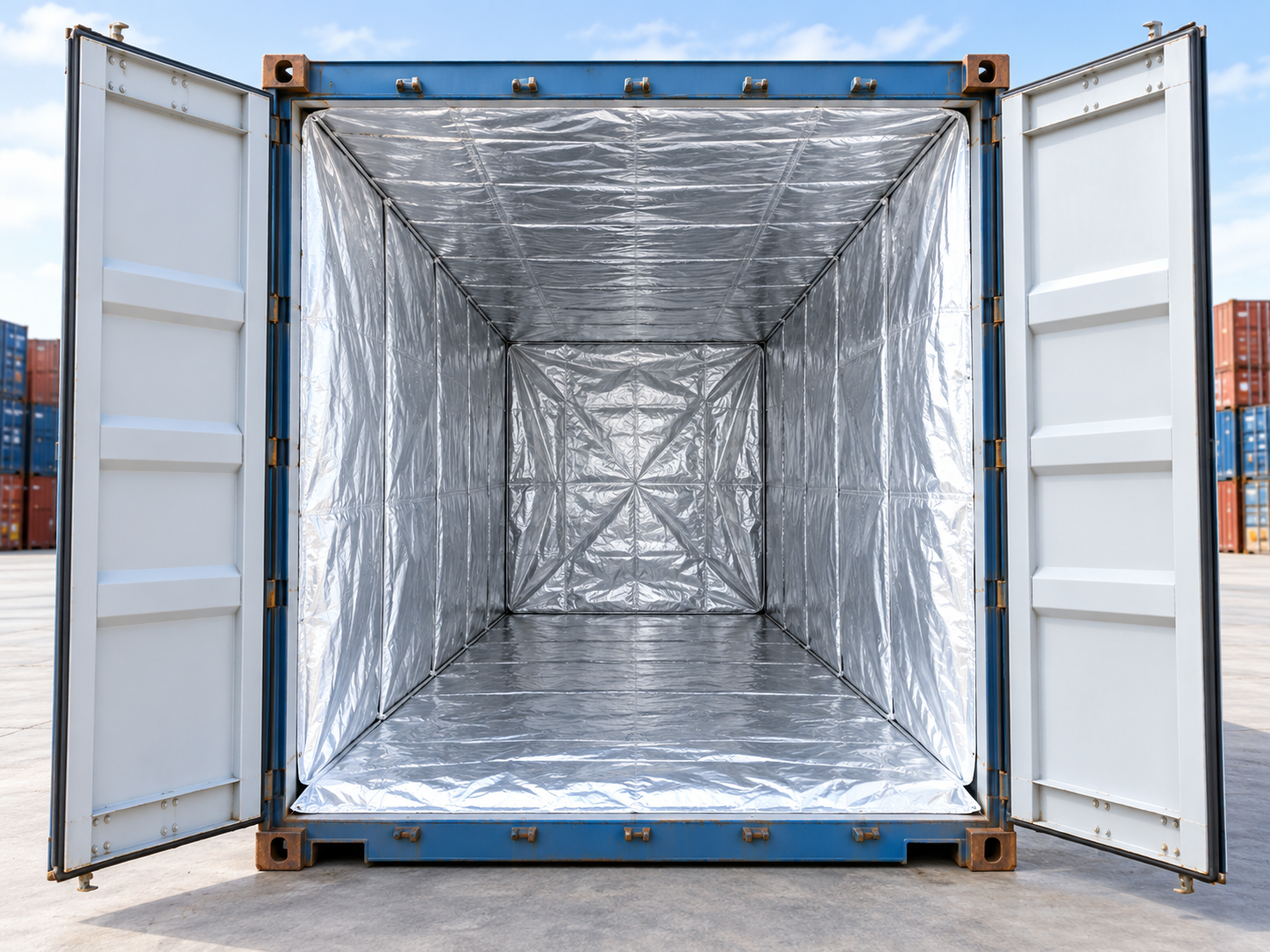 Silver thermal liner installed inside a shipping container