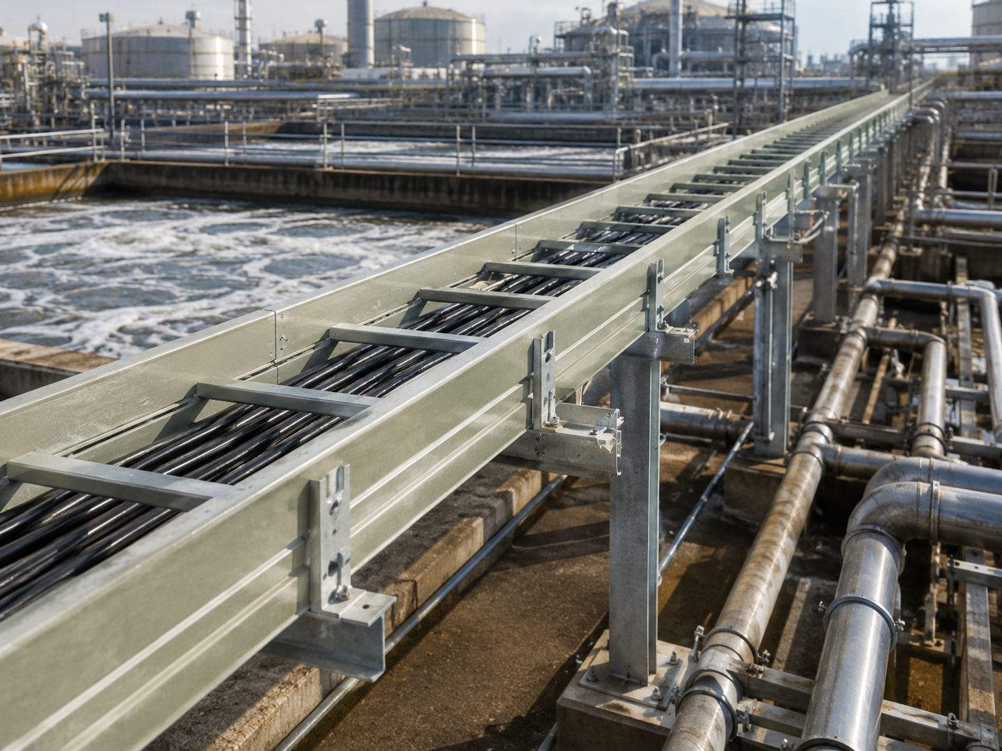 Industrial FRP cable tray installation in a wastewater or chemical facility