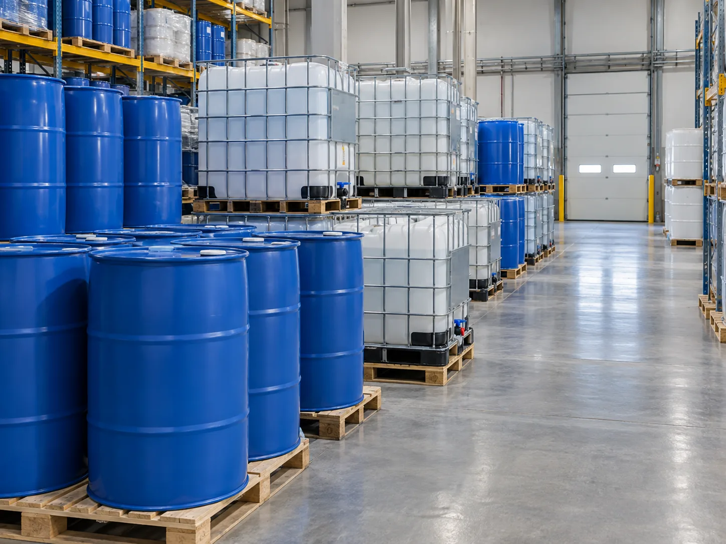 Chemical drums and IBC containers in clean industrial storage