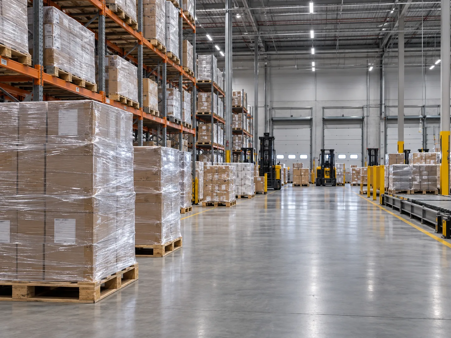 Palletized cargo in a clean logistics warehouse