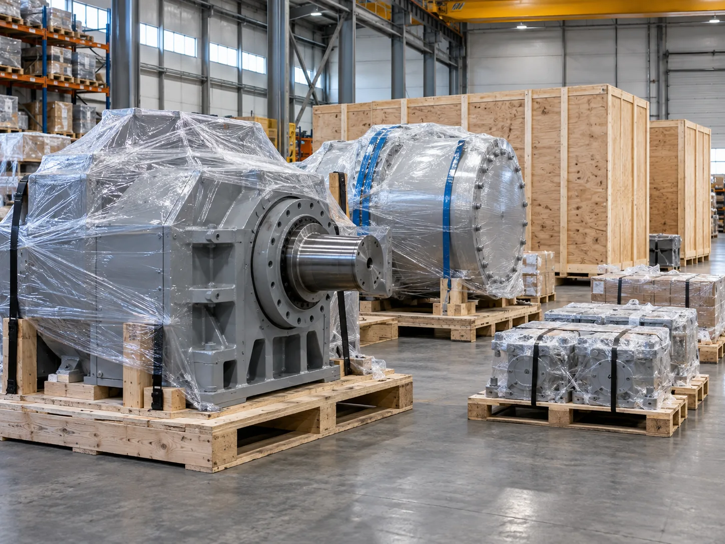 Large machinery and equipment prepared for export shipping