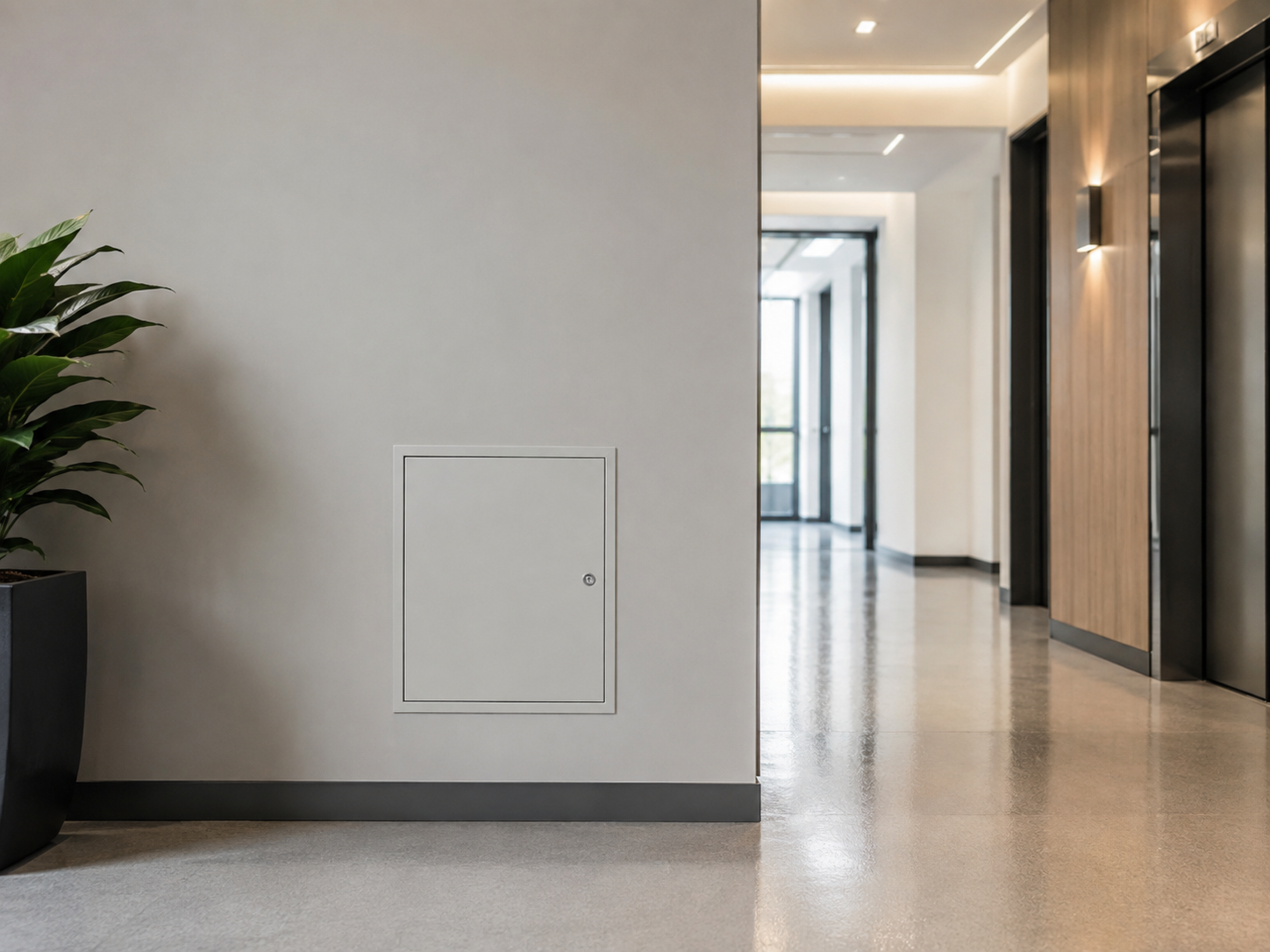 Metal access panel installed in a commercial building corridor